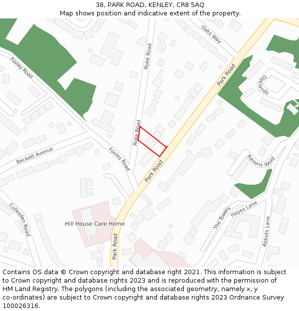38, PARK ROAD, KENLEY, CR8 5AQ: Location map and indicative extent of plot