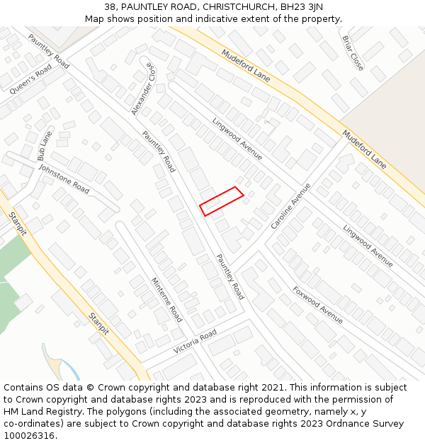 38, PAUNTLEY ROAD, CHRISTCHURCH, BH23 3JN: Location map and indicative extent of plot