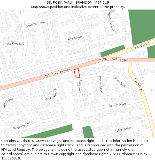 38, ROBIN WALK, BRANDON, IP27 0UF: Location map and indicative extent of plot