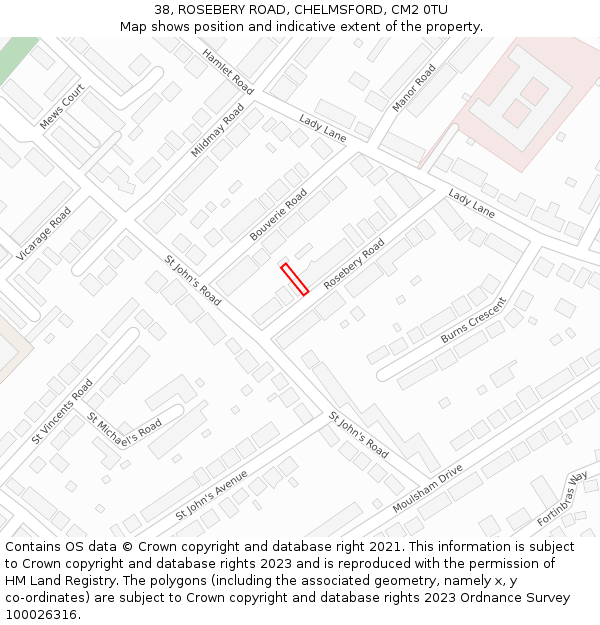 38, ROSEBERY ROAD, CHELMSFORD, CM2 0TU: Location map and indicative extent of plot