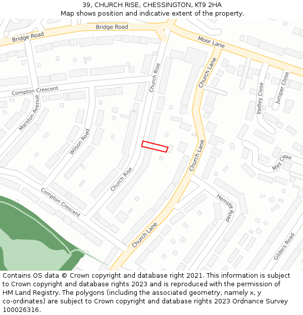 39, CHURCH RISE, CHESSINGTON, KT9 2HA: Location map and indicative extent of plot