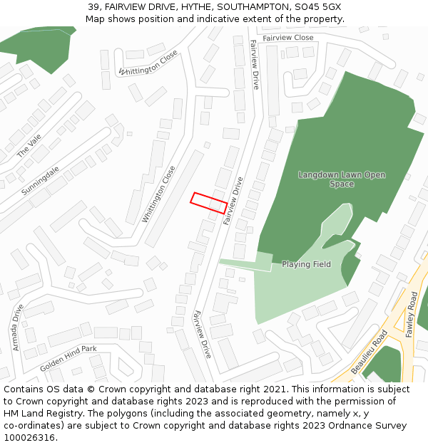 39, FAIRVIEW DRIVE, HYTHE, SOUTHAMPTON, SO45 5GX: Location map and indicative extent of plot