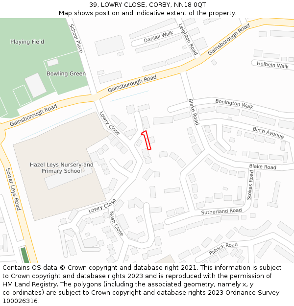 39, LOWRY CLOSE, CORBY, NN18 0QT: Location map and indicative extent of plot