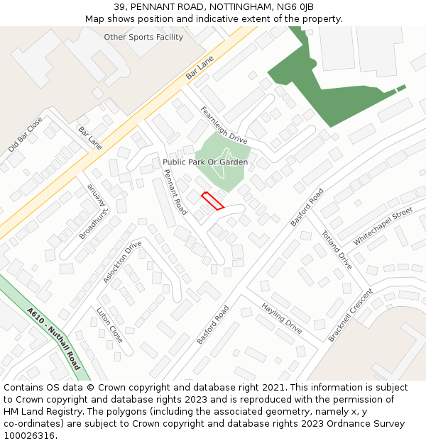 39, PENNANT ROAD, NOTTINGHAM, NG6 0JB: Location map and indicative extent of plot