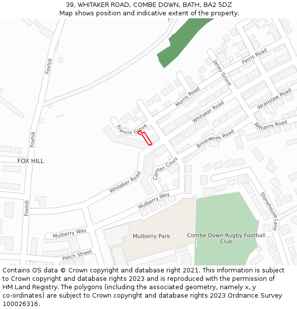 39, WHITAKER ROAD, COMBE DOWN, BATH, BA2 5DZ: Location map and indicative extent of plot