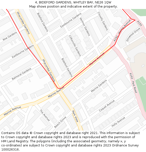4, BIDEFORD GARDENS, WHITLEY BAY, NE26 1QW: Location map and indicative extent of plot
