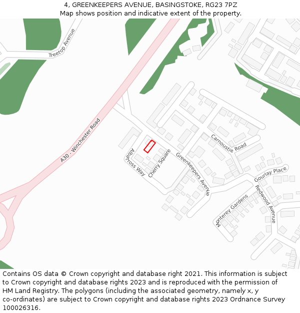 4, GREENKEEPERS AVENUE, BASINGSTOKE, RG23 7PZ: Location map and indicative extent of plot