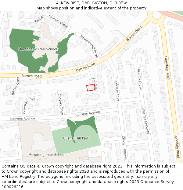 4, KEW RISE, DARLINGTON, DL3 9BW: Location map and indicative extent of plot