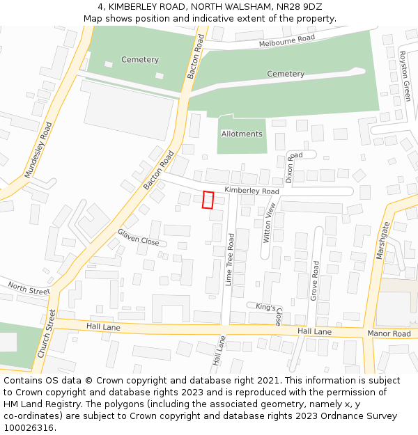 4, KIMBERLEY ROAD, NORTH WALSHAM, NR28 9DZ: Location map and indicative extent of plot