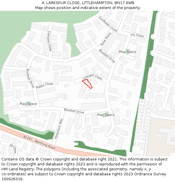 4, LARKSPUR CLOSE, LITTLEHAMPTON, BN17 6WB: Location map and indicative extent of plot