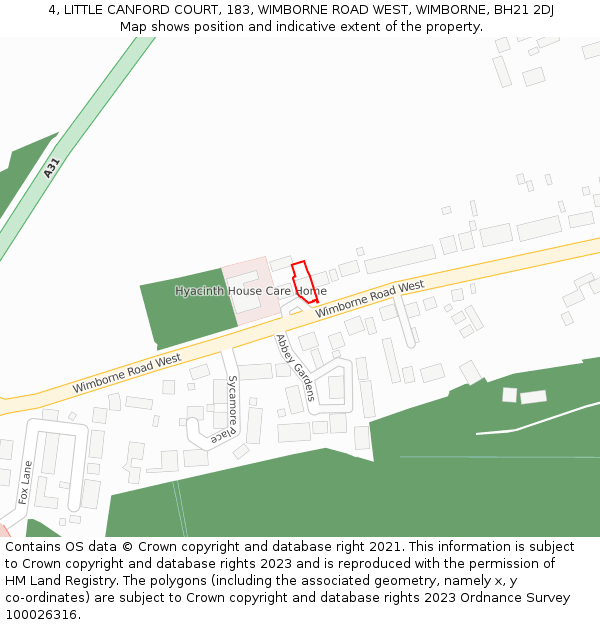 4, LITTLE CANFORD COURT, 183, WIMBORNE ROAD WEST, WIMBORNE, BH21 2DJ: Location map and indicative extent of plot