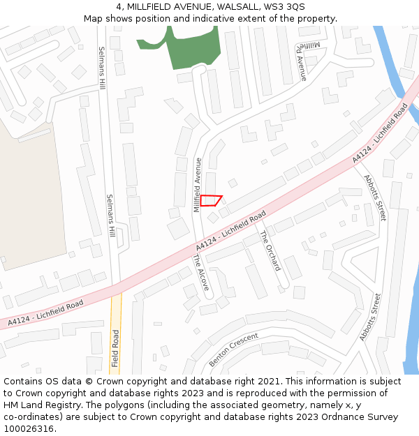 4, MILLFIELD AVENUE, WALSALL, WS3 3QS: Location map and indicative extent of plot