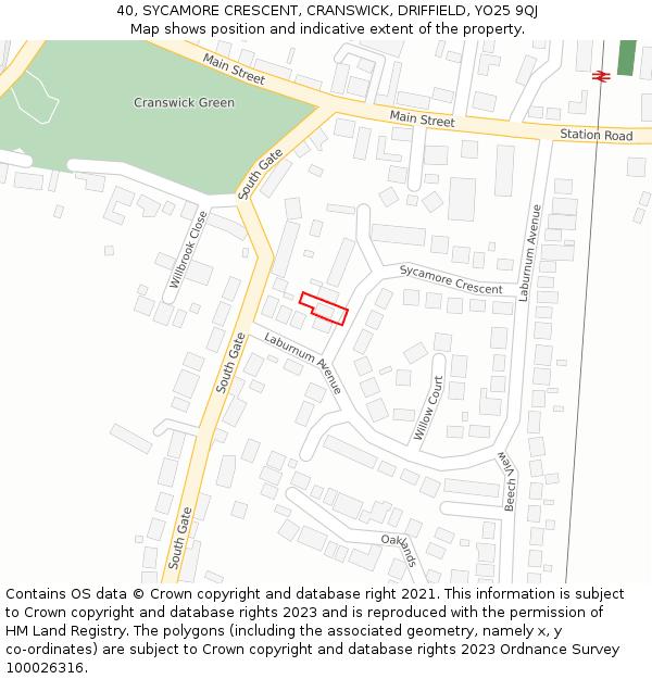 40, SYCAMORE CRESCENT, CRANSWICK, DRIFFIELD, YO25 9QJ: Location map and indicative extent of plot