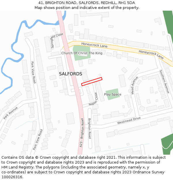 41, BRIGHTON ROAD, SALFORDS, REDHILL, RH1 5DA: Location map and indicative extent of plot