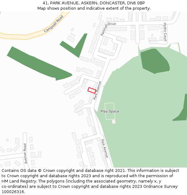 41, PARK AVENUE, ASKERN, DONCASTER, DN6 0BP: Location map and indicative extent of plot