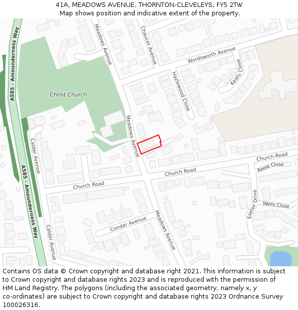 41A, MEADOWS AVENUE, THORNTON-CLEVELEYS, FY5 2TW: Location map and indicative extent of plot