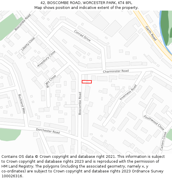 42, BOSCOMBE ROAD, WORCESTER PARK, KT4 8PL: Location map and indicative extent of plot