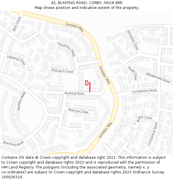 42, BUNTING ROAD, CORBY, NN18 8RR: Location map and indicative extent of plot