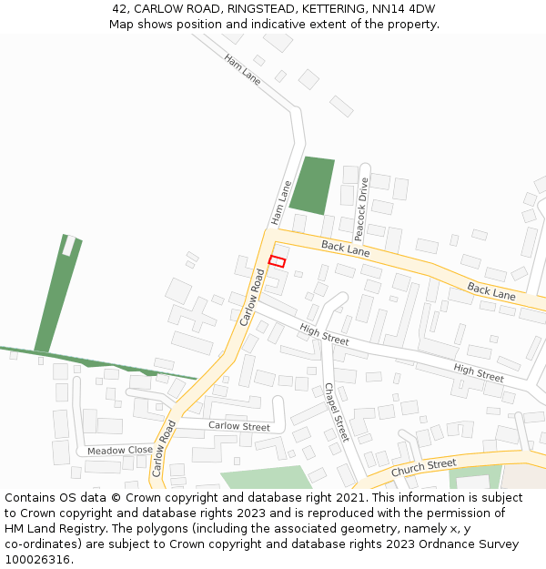 42, CARLOW ROAD, RINGSTEAD, KETTERING, NN14 4DW: Location map and indicative extent of plot