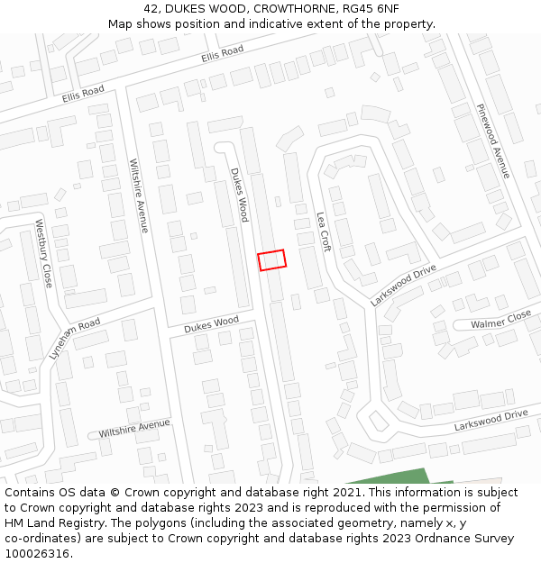 42, DUKES WOOD, CROWTHORNE, RG45 6NF: Location map and indicative extent of plot