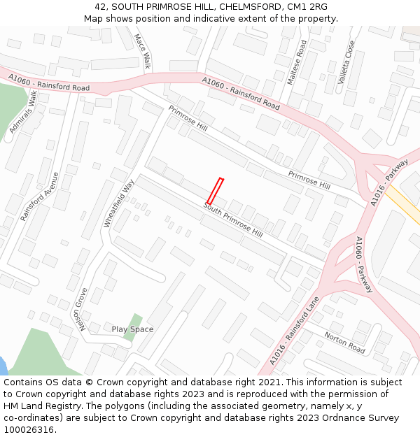 42, SOUTH PRIMROSE HILL, CHELMSFORD, CM1 2RG: Location map and indicative extent of plot