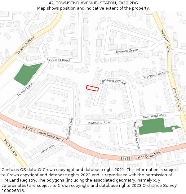 42, TOWNSEND AVENUE, SEATON, EX12 2BG: Location map and indicative extent of plot