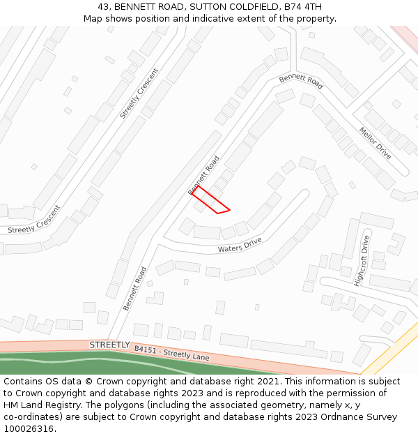 43, BENNETT ROAD, SUTTON COLDFIELD, B74 4TH: Location map and indicative extent of plot