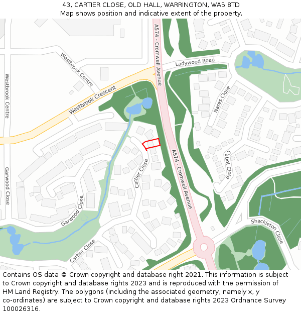 43, CARTIER CLOSE, OLD HALL, WARRINGTON, WA5 8TD: Location map and indicative extent of plot