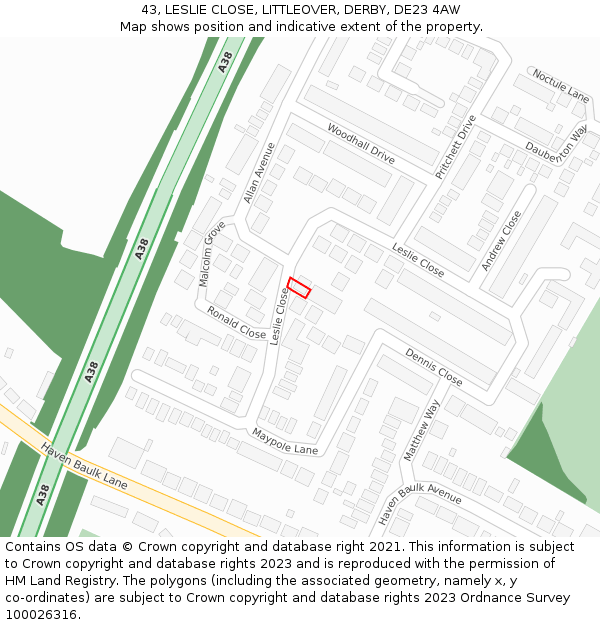 43, LESLIE CLOSE, LITTLEOVER, DERBY, DE23 4AW: Location map and indicative extent of plot