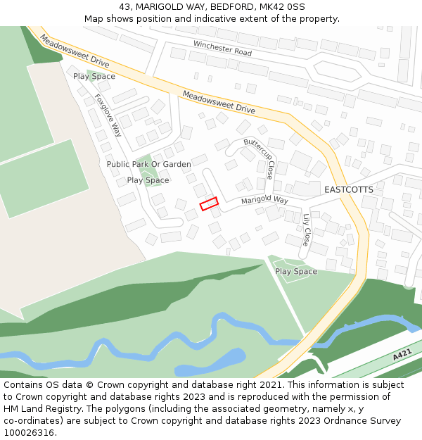 43, MARIGOLD WAY, BEDFORD, MK42 0SS: Location map and indicative extent of plot
