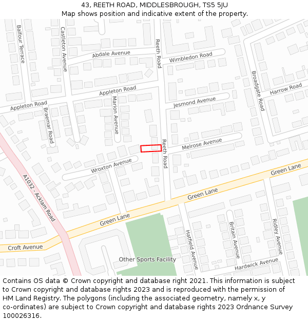 43, REETH ROAD, MIDDLESBROUGH, TS5 5JU: Location map and indicative extent of plot