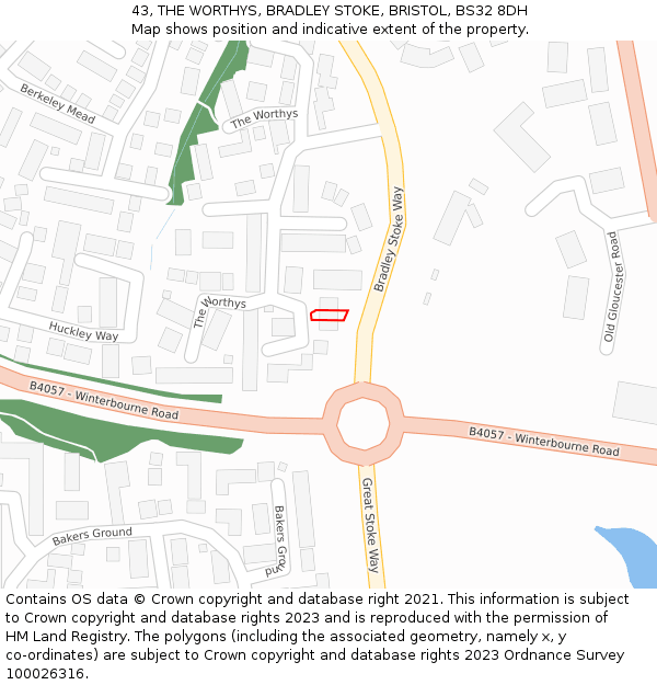 43, THE WORTHYS, BRADLEY STOKE, BRISTOL, BS32 8DH: Location map and indicative extent of plot