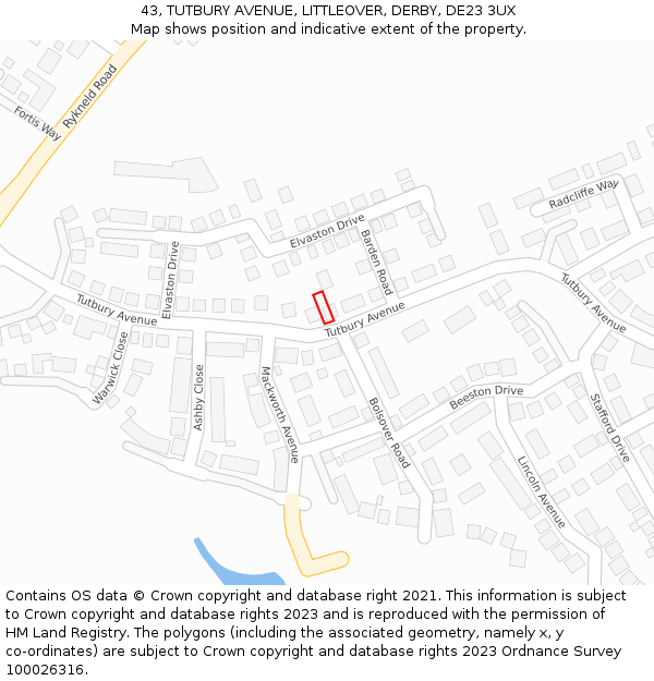 43, TUTBURY AVENUE, LITTLEOVER, DERBY, DE23 3UX: Location map and indicative extent of plot