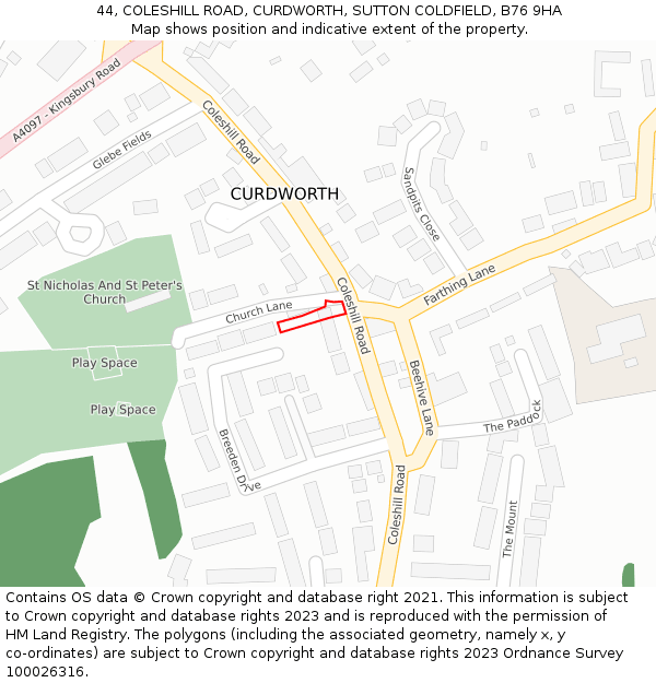 44, COLESHILL ROAD, CURDWORTH, SUTTON COLDFIELD, B76 9HA: Location map and indicative extent of plot