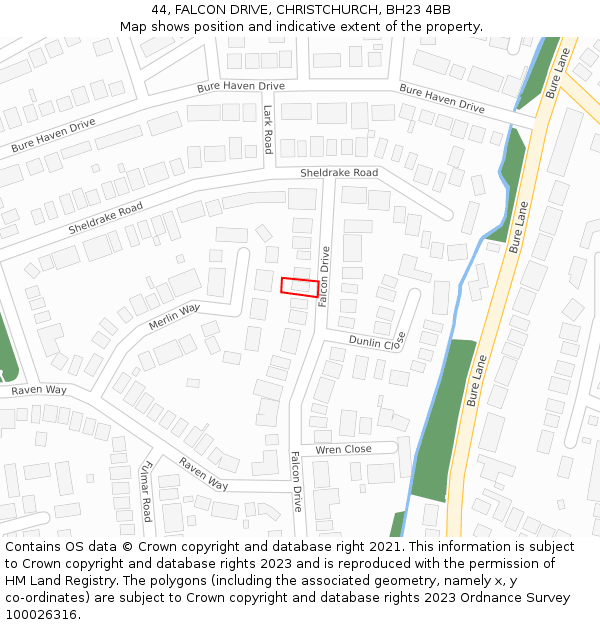 44, FALCON DRIVE, CHRISTCHURCH, BH23 4BB: Location map and indicative extent of plot