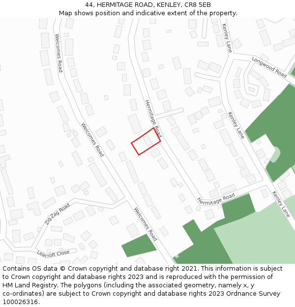 44, HERMITAGE ROAD, KENLEY, CR8 5EB: Location map and indicative extent of plot