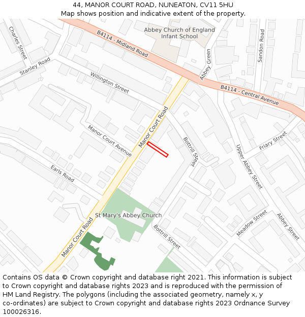 44, MANOR COURT ROAD, NUNEATON, CV11 5HU: Location map and indicative extent of plot