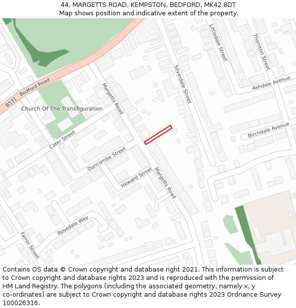 44, MARGETTS ROAD, KEMPSTON, BEDFORD, MK42 8DT: Location map and indicative extent of plot