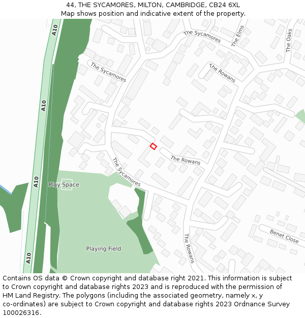 44, THE SYCAMORES, MILTON, CAMBRIDGE, CB24 6XL: Location map and indicative extent of plot