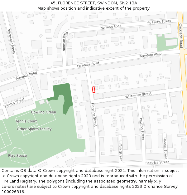 45, FLORENCE STREET, SWINDON, SN2 1BA: Location map and indicative extent of plot