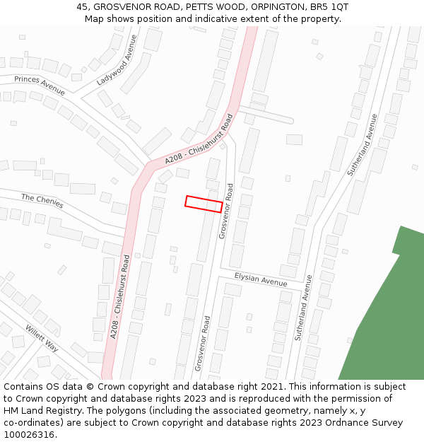 45, GROSVENOR ROAD, PETTS WOOD, ORPINGTON, BR5 1QT: Location map and indicative extent of plot