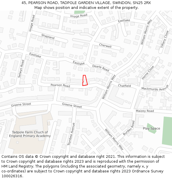 45, PEARSON ROAD, TADPOLE GARDEN VILLAGE, SWINDON, SN25 2RX: Location map and indicative extent of plot