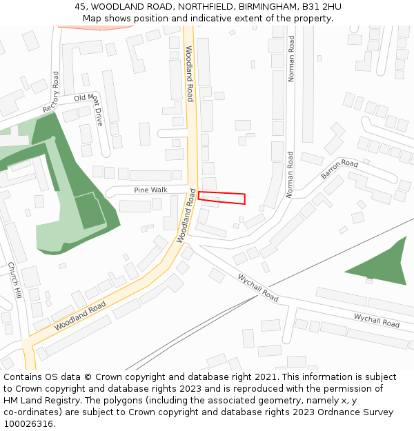 45, WOODLAND ROAD, NORTHFIELD, BIRMINGHAM, B31 2HU: Location map and indicative extent of plot