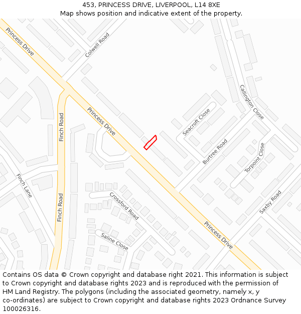 453, PRINCESS DRIVE, LIVERPOOL, L14 8XE: Location map and indicative extent of plot