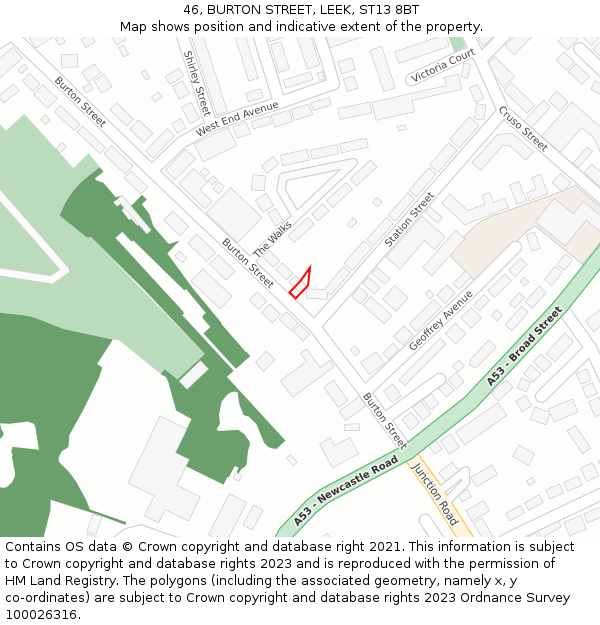 46, BURTON STREET, LEEK, ST13 8BT: Location map and indicative extent of plot