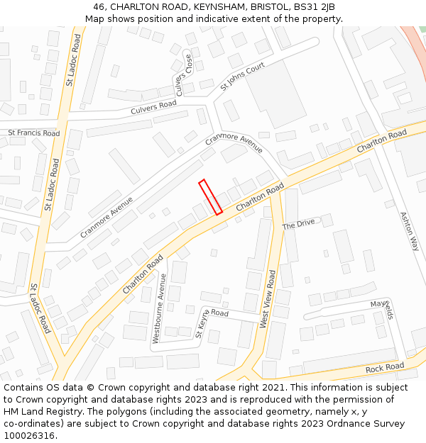 46, CHARLTON ROAD, KEYNSHAM, BRISTOL, BS31 2JB: Location map and indicative extent of plot