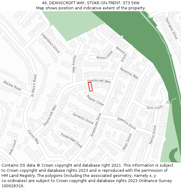 46, DEANSCROFT WAY, STOKE-ON-TRENT, ST3 5XW: Location map and indicative extent of plot
