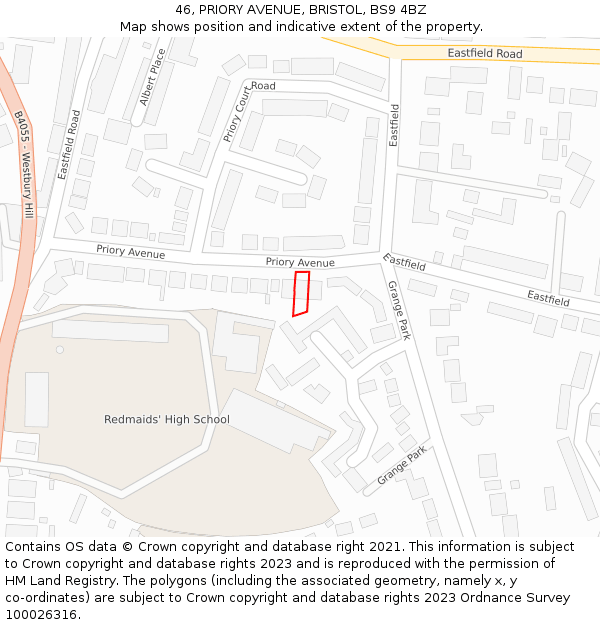 46, PRIORY AVENUE, BRISTOL, BS9 4BZ: Location map and indicative extent of plot