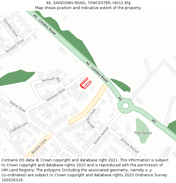 46, SANDOWN ROAD, TOWCESTER, NN12 6NJ: Location map and indicative extent of plot