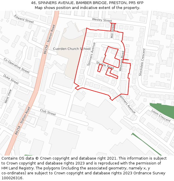 46, SPINNERS AVENUE, BAMBER BRIDGE, PRESTON, PR5 6FP: Location map and indicative extent of plot